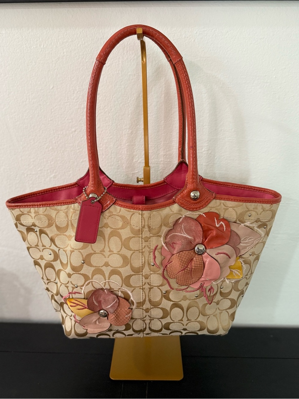 Coach Beige Signature Canvas Tote with Pink and Coral Floral Accents